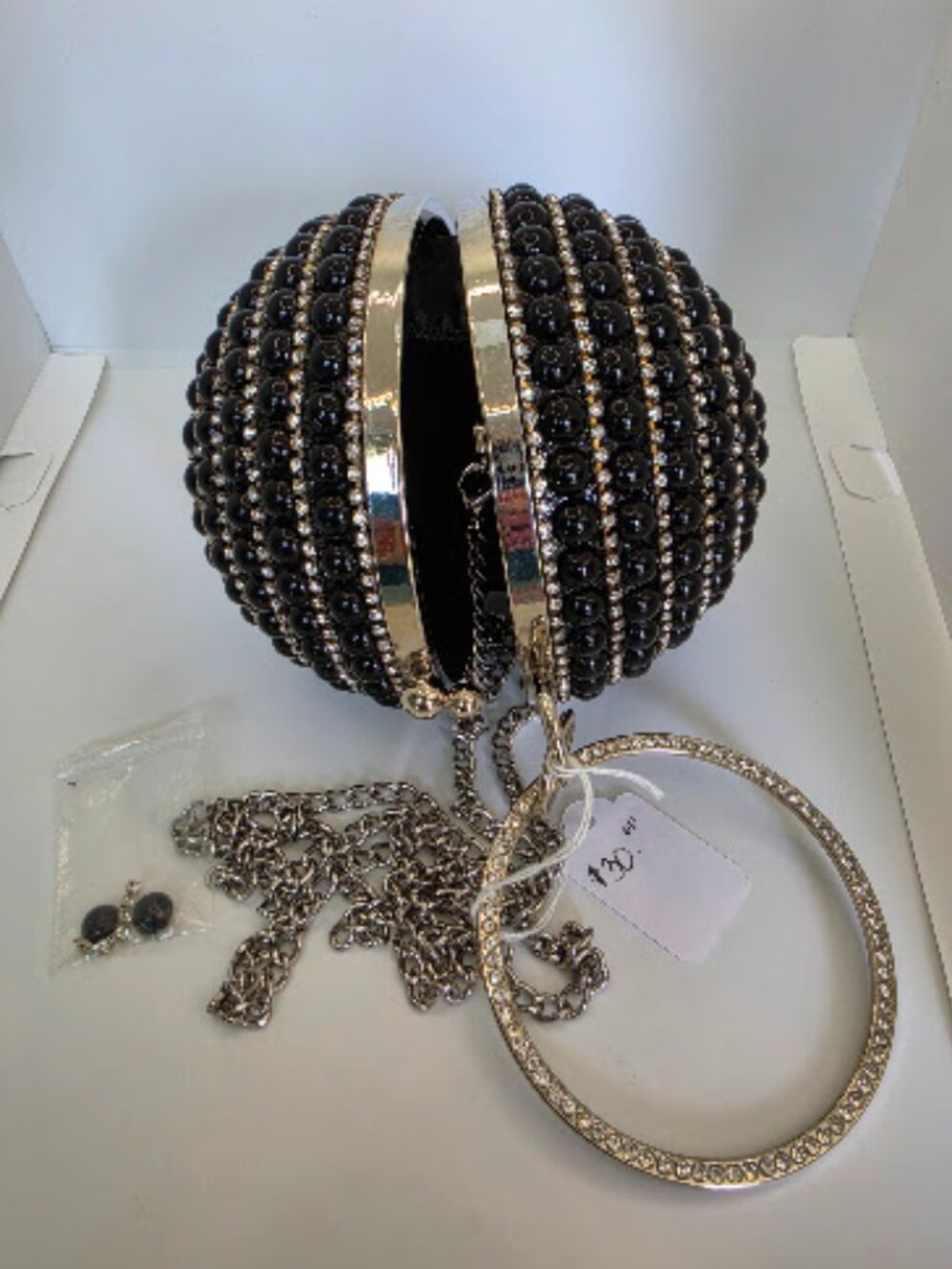 Badgley Mischka Rhinestone & Black Pearl Sphere Evening Clutch Purse